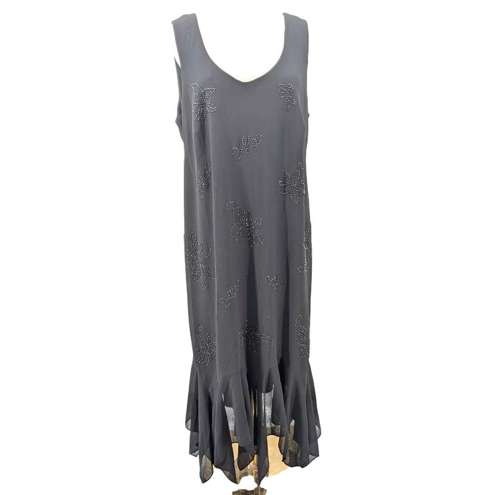 Vintage Black Beaded Maxi Dress Sheer Hem Goth‎ Formal Y2K Size 18W